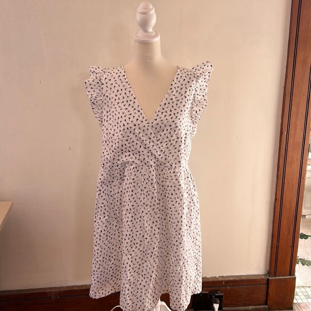 Loft white with black floral eyelet pattern dress Flutter sleeves Size 6 NWT